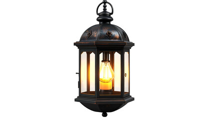 Fototapeta premium A vintage, ornate lantern with a lit filament bulb, hanging against a dark background