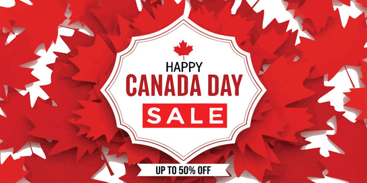 Canada day sale background with red maple leaves and promotional discount offer.