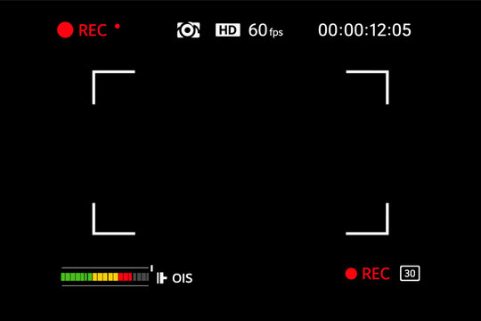 Camera viewfinder screen overlay for video recording with REC indicator, digital interface, focus frame, audio level meter, HD 60fps display, and timecode on black background vector template.