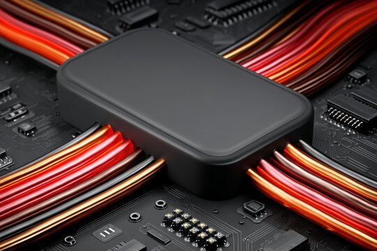 Sleek black external hard drive connected to a motherboard with vibrant red and orange data cables, symbolizing high-speed data transfer and modern computing technology.