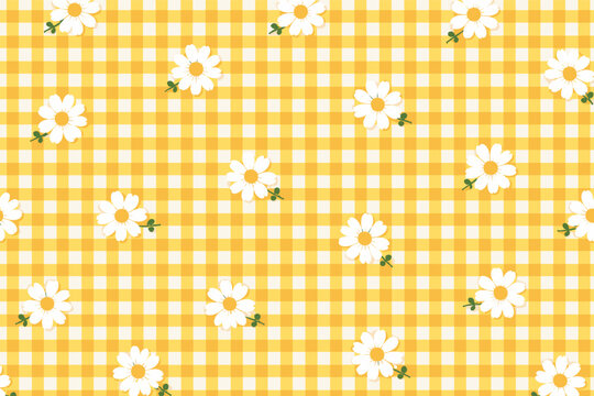 Yellow Gingham Seamless Pattern with White Daisies, Cute Spring and Summer Vichy Background with Floral Elements for Fabric, Wallpaper, Wrapping Paper, and Textile Design, Vector Illustration