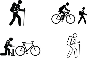 Obraz premium Black and white outdoor activity pictograms showing hiking, cycling, and bicycle maintenance symbols for recreation, adventure, and fitness illustration