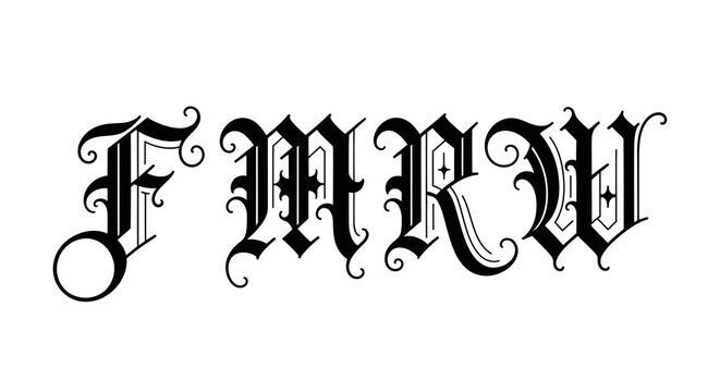 Gothic blackletter typography letters FMRW in old english style ornamental calligraphy design on white background