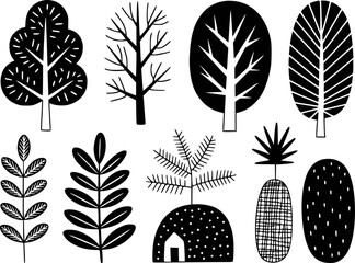 Fototapeta premium Collection of black and white stylized trees and plants white background, nature