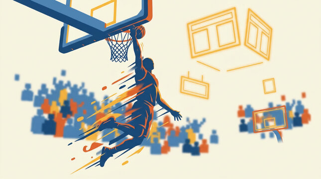 Dynamic basketball player performing slam dunk