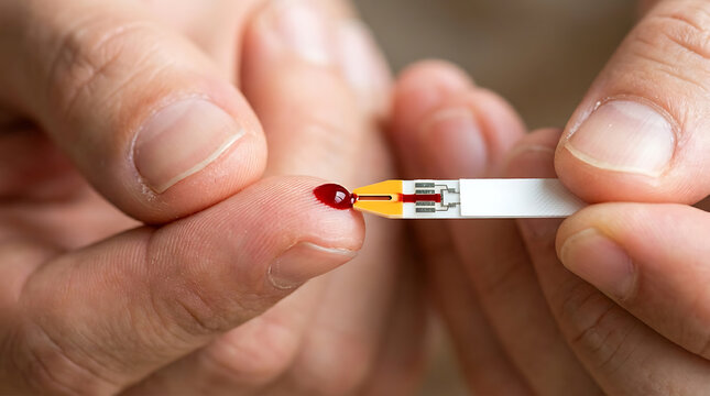 Extreme close-up of finger prick blood test with glucose strip and drop of blood, representing diabetes management, blood sugar monitoring, and chronic disease control