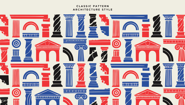 Classic pattern architecture style, seamless ancient geometric shapes, traditional column elements