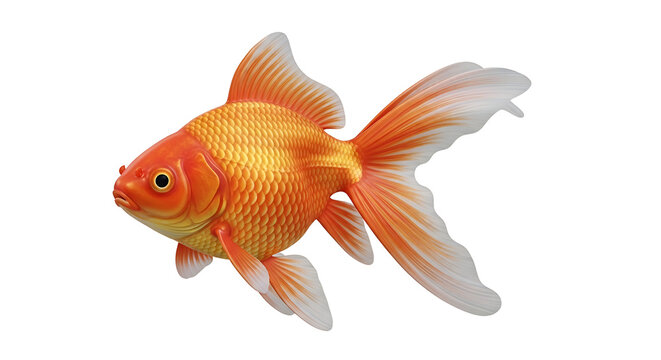 Golden fish glides gracefully through clear water. Ornate fins and vibrant scales shimmer beautifully. Pure transparent background highlights its elegant form