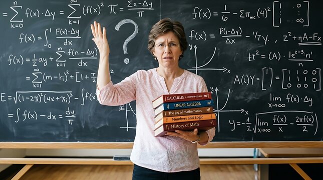 Confident female mathematician holding textbooks in front of chalkboard filled with complex equations