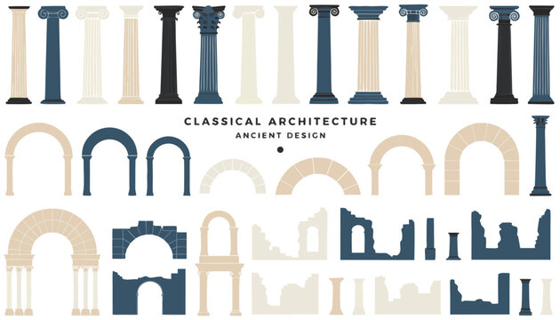 Classical architecture elements with greek columns and ancient stone arches design collection