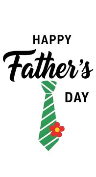 Happy Father's Day Greeting with Green Striped Tie and Red Flower Illustration on White Background, Vertical Composition