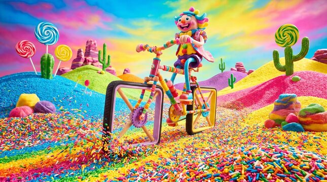Payaso ciclista manejando bicicleta con ruedas cuadradas en desierto de az&uacute;car