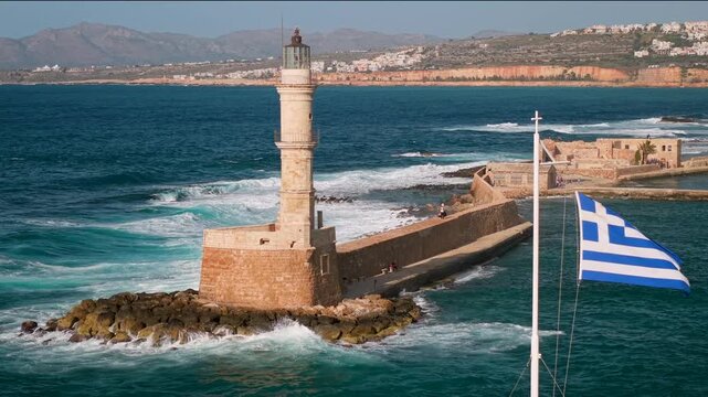 Greece Crete Chania 4K Drone Video of Venetian Lighthouse with Greek Flag Waving in Wind and Crashing Waves with White Foam Scenic Maritime Landmark at Sunset Travel