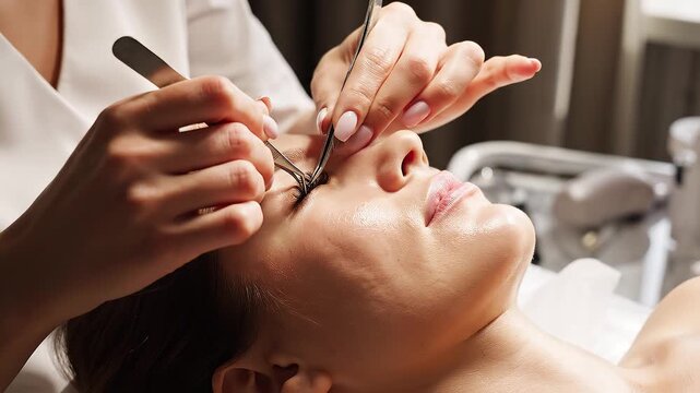 Professional beautician applying eyelash extensions to a young woman in a beauty salon