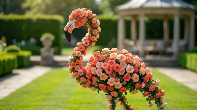 Elegant Flamingo Topiary Sculpture Crafted from Vibrant Peach Roses in a Formal Garden