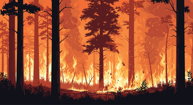Dramatic pixel art illustration of a devastating forest fire with tall pine trees silhouetted against bright orange flames and smoke clouds.