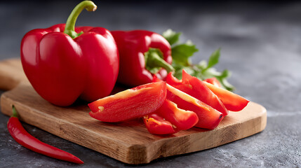 Fresh red bell peppers sliced on a wooden cutting board, healthy organic vegetables ready for cooking, close up with blurred kitchen background.