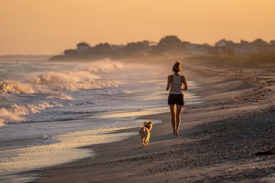 Woman jogging on beach with dog at sunset