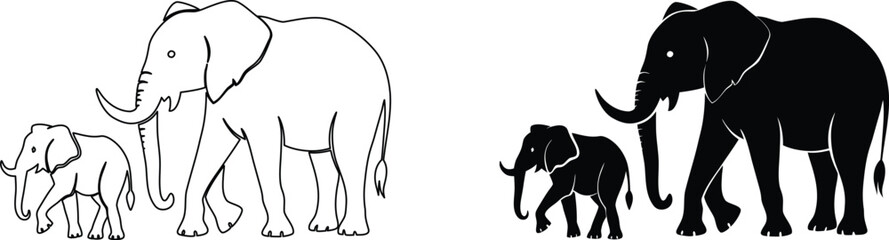 Elephant family adult and baby silhouette outline graphic design element. © Aroti