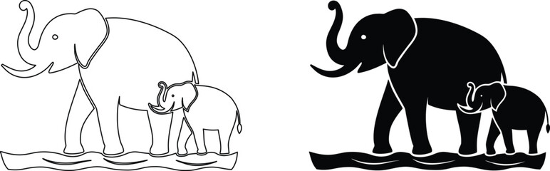Fototapeta premium Elephant mother and calf walking in water outline and silhouette illustration set.