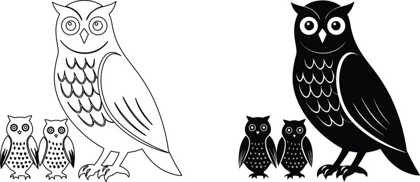 Family of owls illustration featuring adult and small owlets in outline and solid design.
