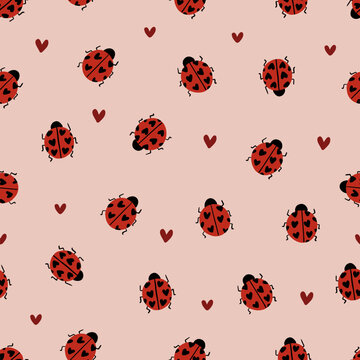 Cute Pink Ladybug Valentines Seamless Pattern