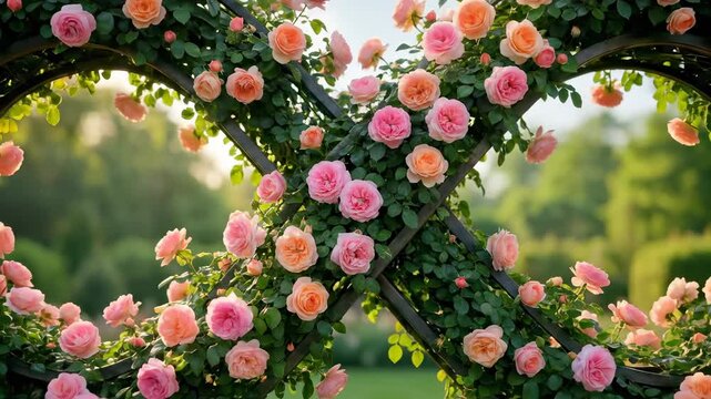 Enchanted Infinity Rose Archway: Romantic Garden Trellis with Pink & Peach Blooms