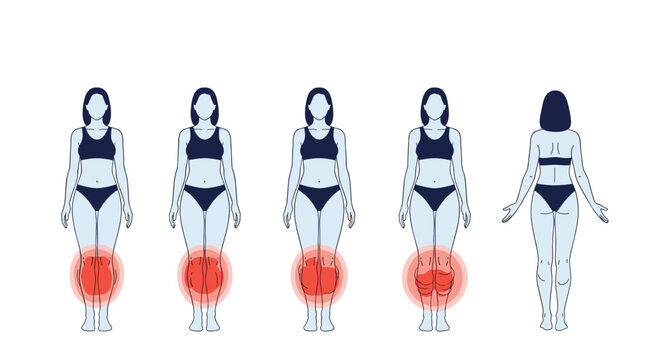Female anatomical illustrations showing various stages of knee pain and joint inflammation represented by red highlight circles.