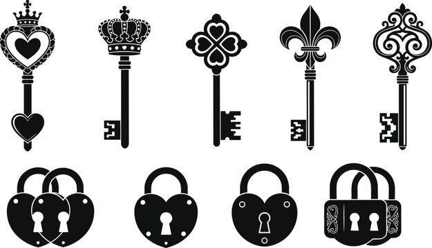 Decorative Key and Lock Illustrations Featuring Heart, Crown, and Vintage Designs for Security, Symbolism, and Artistic Designs