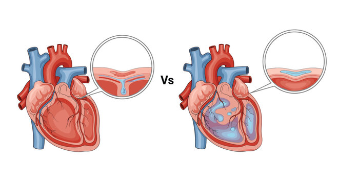 Comparative medical diagram illustrating a healthy heart valve versus a diseased valve with blood leakage or regurgitation issues.