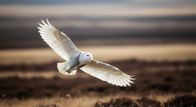 Snowy owl in flight with wings spread over a muted brown landscape bird