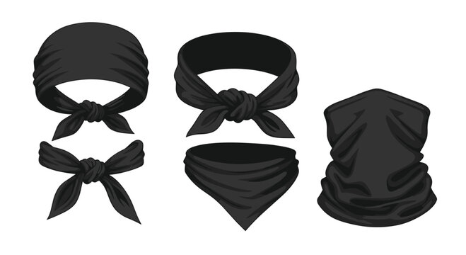 Set of black bandana and neck gaiter styles shown in various ways like tied around the head or worn as a face mask.
