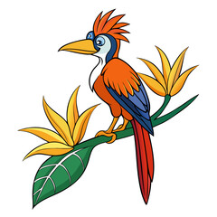 Obraz premium Exotic bird of paradise with long tail feathers sitting on branch. Tropical vector illustration for logo and decoration.