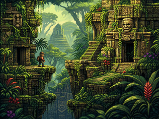 Fototapeta premium Ancient Jungle Temple Pixel Art with Mayan Ruins and Vines