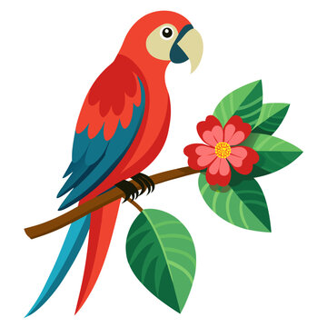 Exotic colorful parrot  macaw on branch with leaves and flower, isolated on white background. Vector illustration