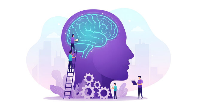 Tiny people working on a giant purple head with glowing blue brain and gears image
