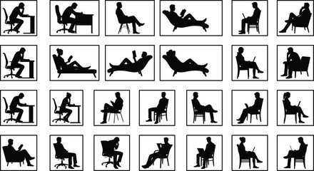 Obraz premium Collection of Men and Women Silhouettes Sitting at Desks Working on Laptops Reading and Relaxing in Lounge Chairs