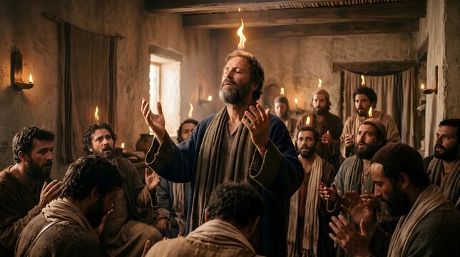 Men receiving the power of the Holy Spirit with flames above their heads. Biblical scene of Pentecost in an ancient room. Religious gathering representing faith, prayer and belief.
