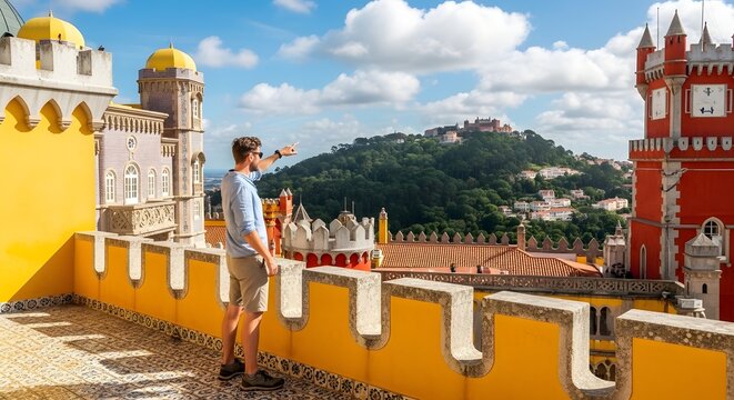 Young man traveling and walking near colorful castle terrace in Sintra enjoying scenic landscape view