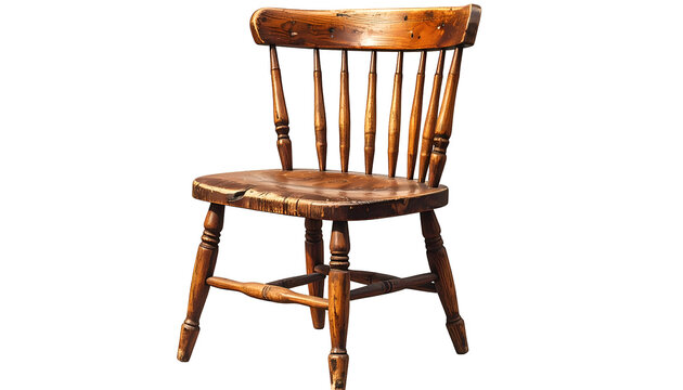 A weathered wooden chair with a spindle back and a slightly worn seat against black