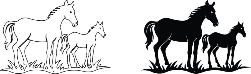 Obraz premium Set of line art and silhouette illustrations of mother horses standing with their small foals.