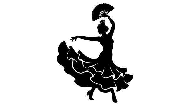 Dynamic Black Silhouette of a Flamenco Dancer with a Fan, Symbolizing Spanish Tradition and Passion