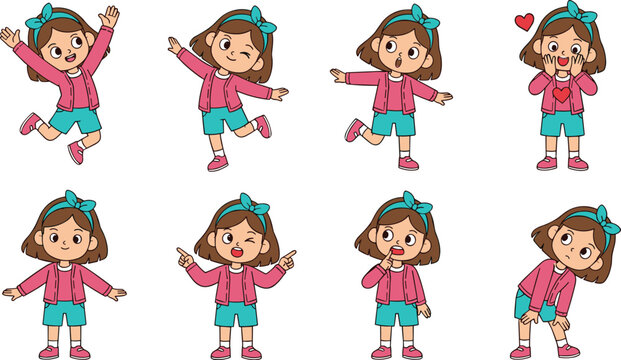 Cute little girl cartoon character set with different poses and expressions vector illustration collection
