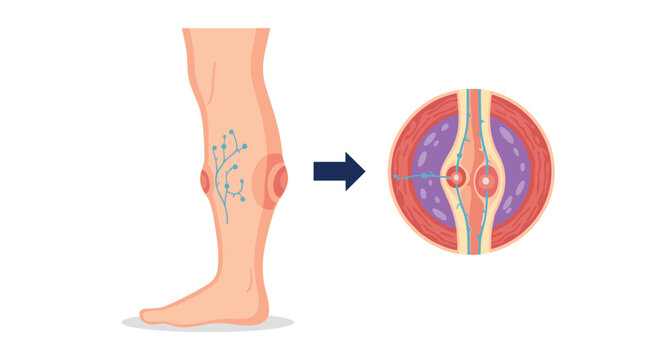 Anatomical illustration of a human leg showing the development of varicose veins with a cross-section view of vein valves and blood flow.