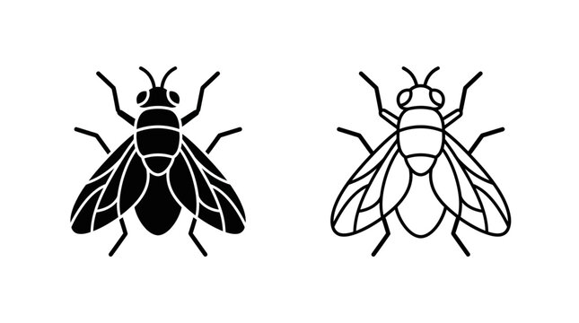 Minimalist fly icon set with black silhouette and outline versions for pest control or biological themes
