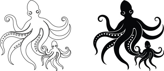 Set of octopus family icons with adult and baby sea creatures in outline and silhouette. © Aroti