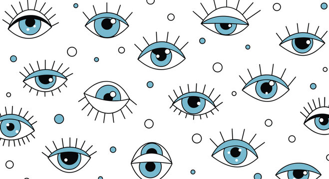 Fun seamless pattern of stylized blue eyes with eyelashes and decorative dots of various sizes on a clean white background.