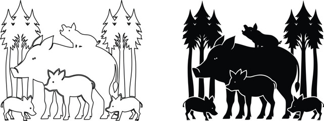 Set of wild boar with piglets in outline and silhouette styles surrounded by pine trees. © Aroti