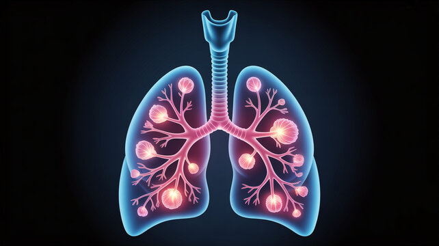 Illustration of lungs with bronchi and bronchioles showing tumors or nodules on a dark background