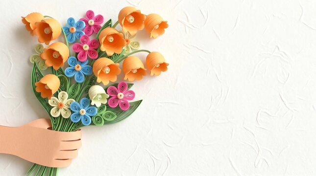Pastel paper quilling flowers with copy space on clean white background